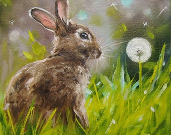 Original Rabbit Oil Painting, Spring Meadow Animal Art, 8x8 inch Wildlife Artwork, Cute Bunny Wall Decor, Easter Decorations for Nursery