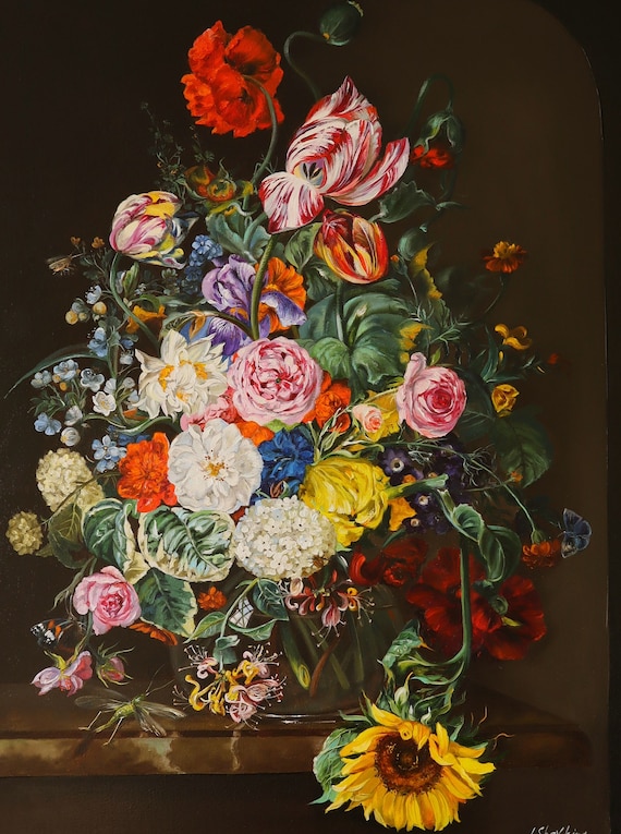 Rachel Ruysch Hand Painted Original Oil Painting of Flowers, Dark Moody Floral Still Life Canvas, Museum Quality Wall Art, Premium Fine Art