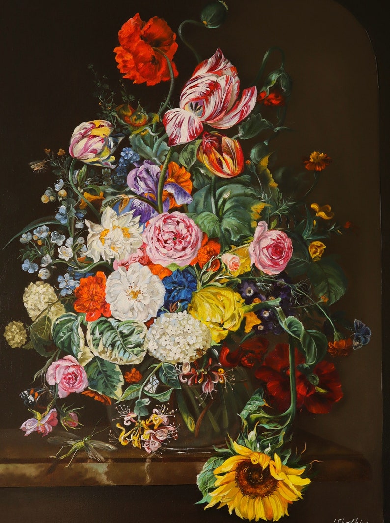 Dark Moody Art Floral Original Oil Painting on Canvas, Flower Bouquet Large Floral Still Life, Copying Rachel Ruysch, Dining Room, Art Gifts