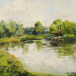 Original Oil Painting of Ukrainian Landscape, Small Art Canvas, Tranquil Nature Scene, Evening on the River Plein Air Artwork