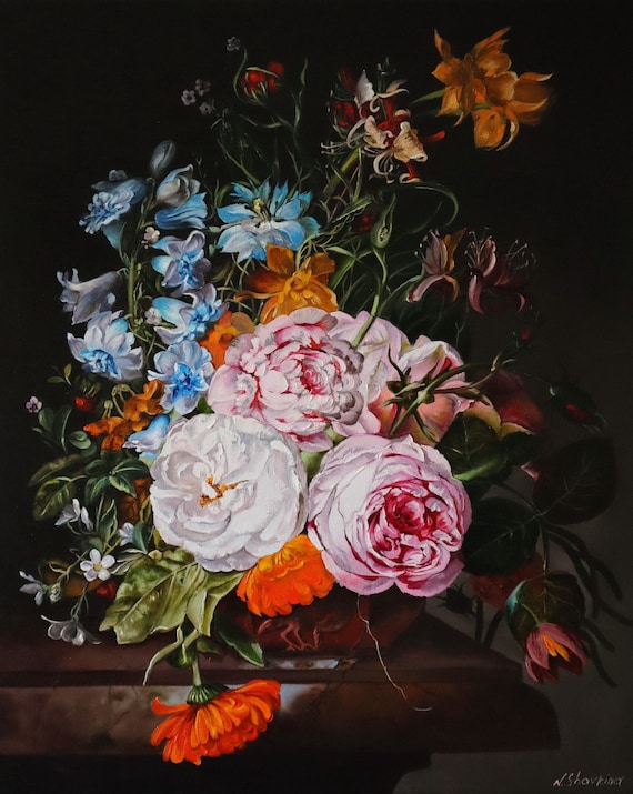 Original Oil Painting Moody Flowers, Hand Painted Canvas Art Dark