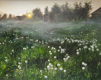 Dandelion Field Oil Painting on Canvas: Green Meadow Landscape Art