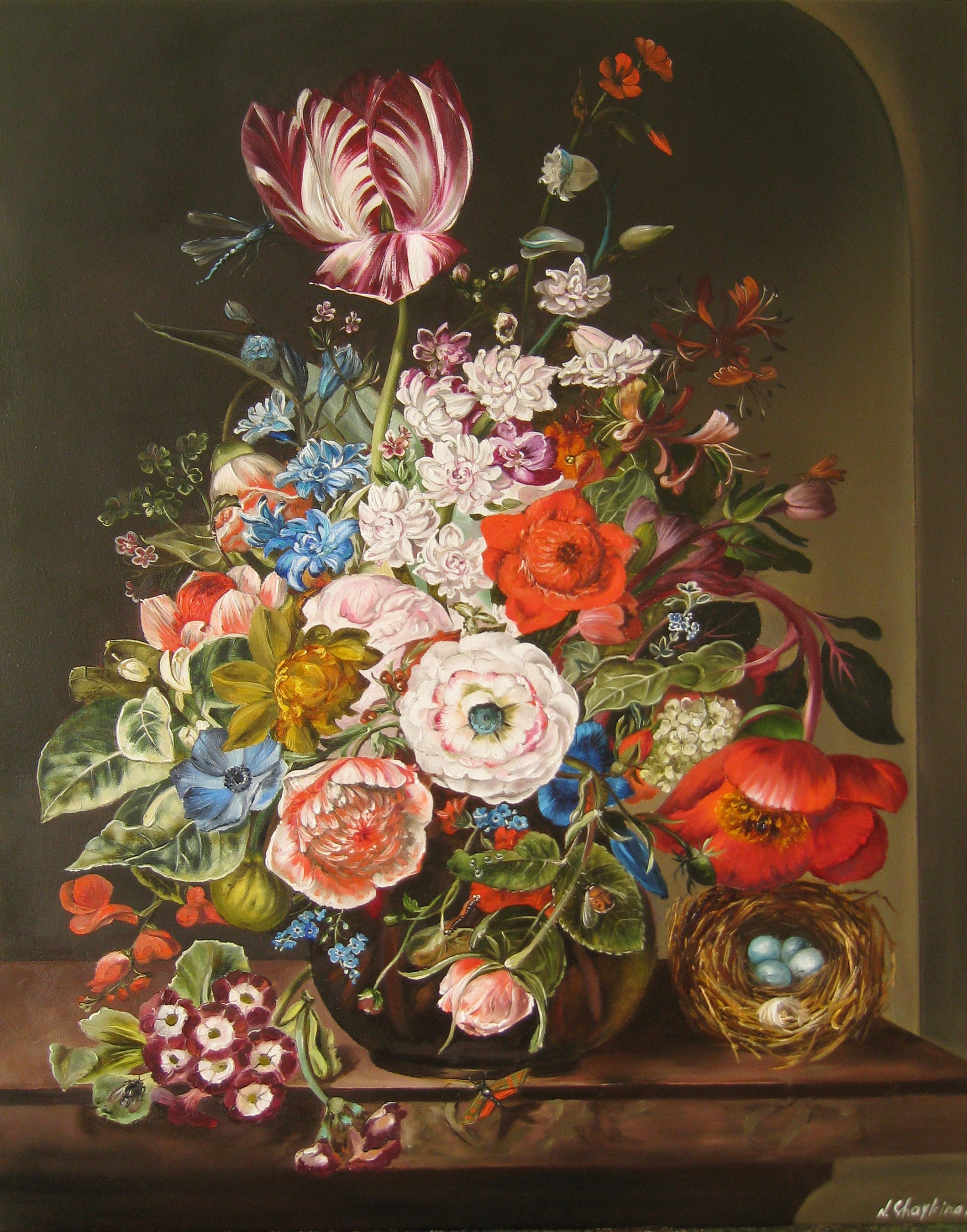 Oil painting Painting still life Floral painting Daffodils vase Painting canvas stretcher White flowers Striped tablecloth Author/'s work