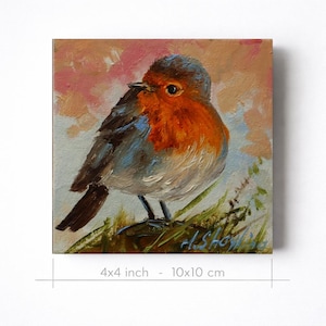 May include: An oil painting on a square canvas measuring 4x4 inches, depicting a robin with a bright orange breast, grey-brown wings, and a dark tail, perched on green grass against a soft, muted pink and blue background with a signature.