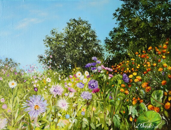 Original Oil Painting Summer Landscape, Countryside Art Canvas, Peaceful Landscape, Serene Art for Room, Nature Lovers Gift, Flower Wall Art