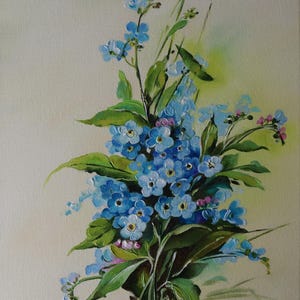 Forget-me-not Painting Flower Original Art Floral Wall Art Forget me not Small Art Miniature Artwork 8 x 12 in, White Blue Green Shelf decor