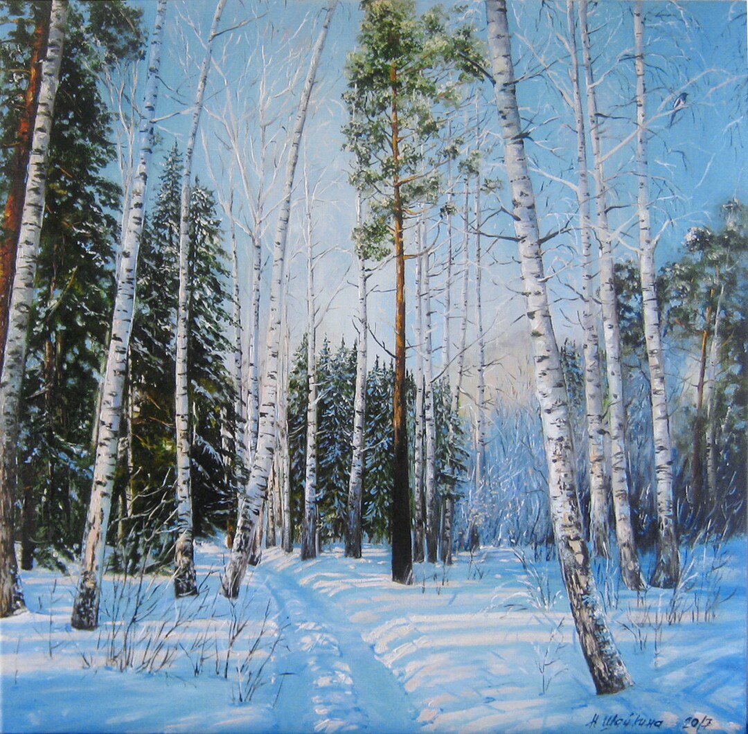 Winter Forest Oil Painting on Canvas, Snowy Birch Trees Landscape ...