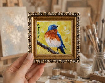 Original Bluebird Oil Painting, Small Bird Art, Gold Framed Nature Wildlife Miniature