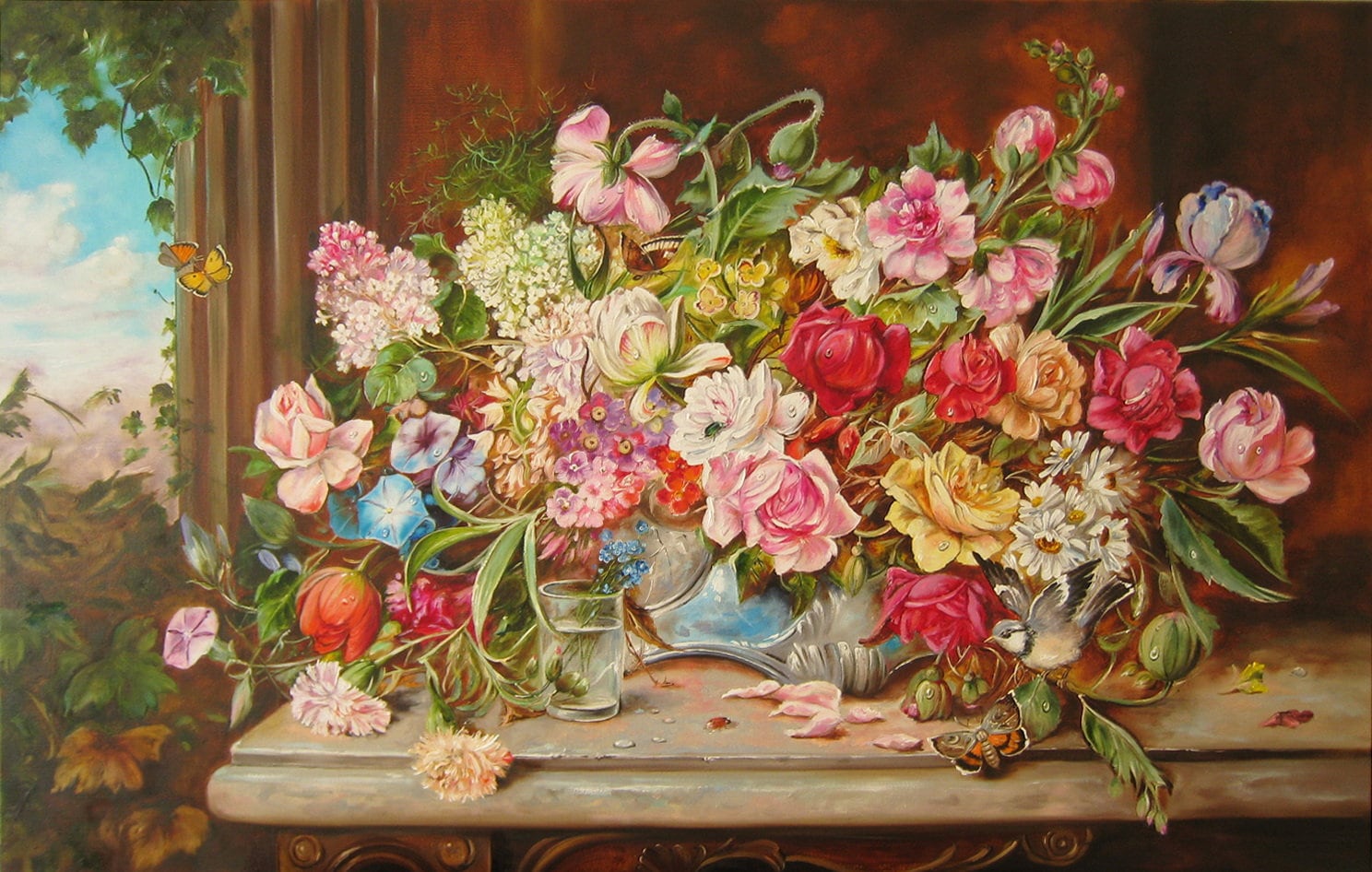 絵画 Oil painting of beautiful flowers. Beautiful Flowers Old Master Style OIL Painting in Original