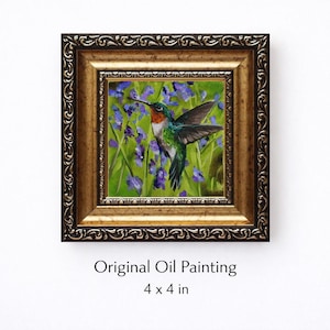 Original Oil Painting Hummingbird, Miniature Framed Bird Art, Floral Accent Wall Home Decor