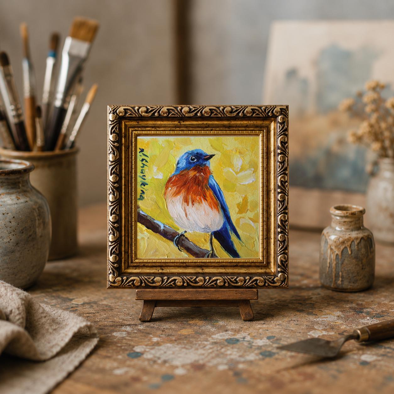 ［bluebird］絵画　油絵　※値段交渉あり Original Bluebird Oil Painting, Small Bird Art, Gold Framed Nature