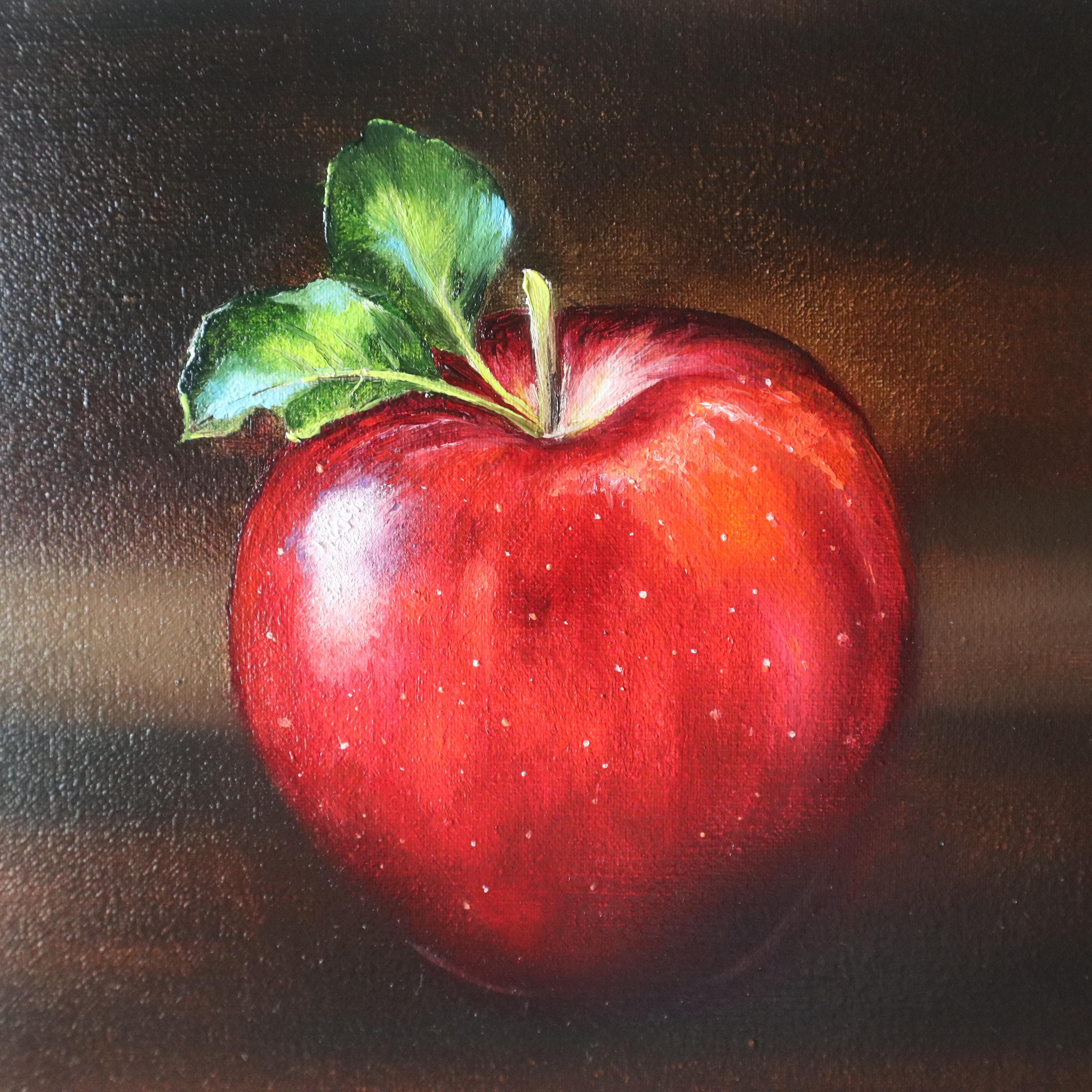 Original Oil Painting, Red Apple Hand Painted Canvas, Dark Still