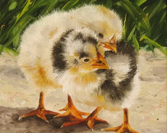 Original Oil Painting Two Chickens, Easter Decor Baby Chicks Wall Art, Country Life Animal Artwork Barnyard, Farmhouse Decor, Nursery Art