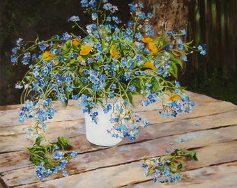 Forget-me-not Painting Oil on Canvas, Realistic Wildflowers Original Artwork, Still life witch Yellow and  Blue Flowers, Wall Art for Home