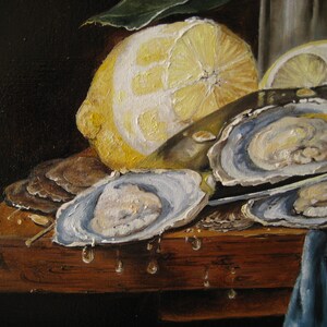 May include: An oil painting still life featuring several open oysters with visible liquid droplets on a wooden surface, accompanied by a large halved yellow lemon, a partial lemon slice, and a small insect crawling on the wood edge.