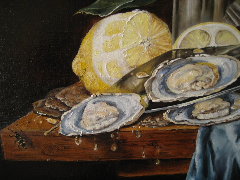 May include: An oil painting still life featuring several open oysters with visible liquid droplets on a wooden surface, accompanied by a large halved yellow lemon, a partial lemon slice, and a small insect crawling on the wood edge.