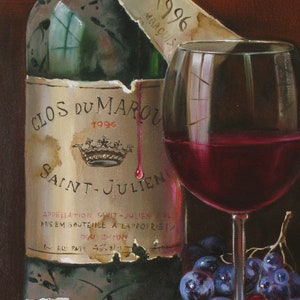 Wine Bottle with Wine Glass Art - Original Oil Painting - Realistic Still Life on Canvas, Bar Wall Decor, Art for Cellar, Cheese and Grapes