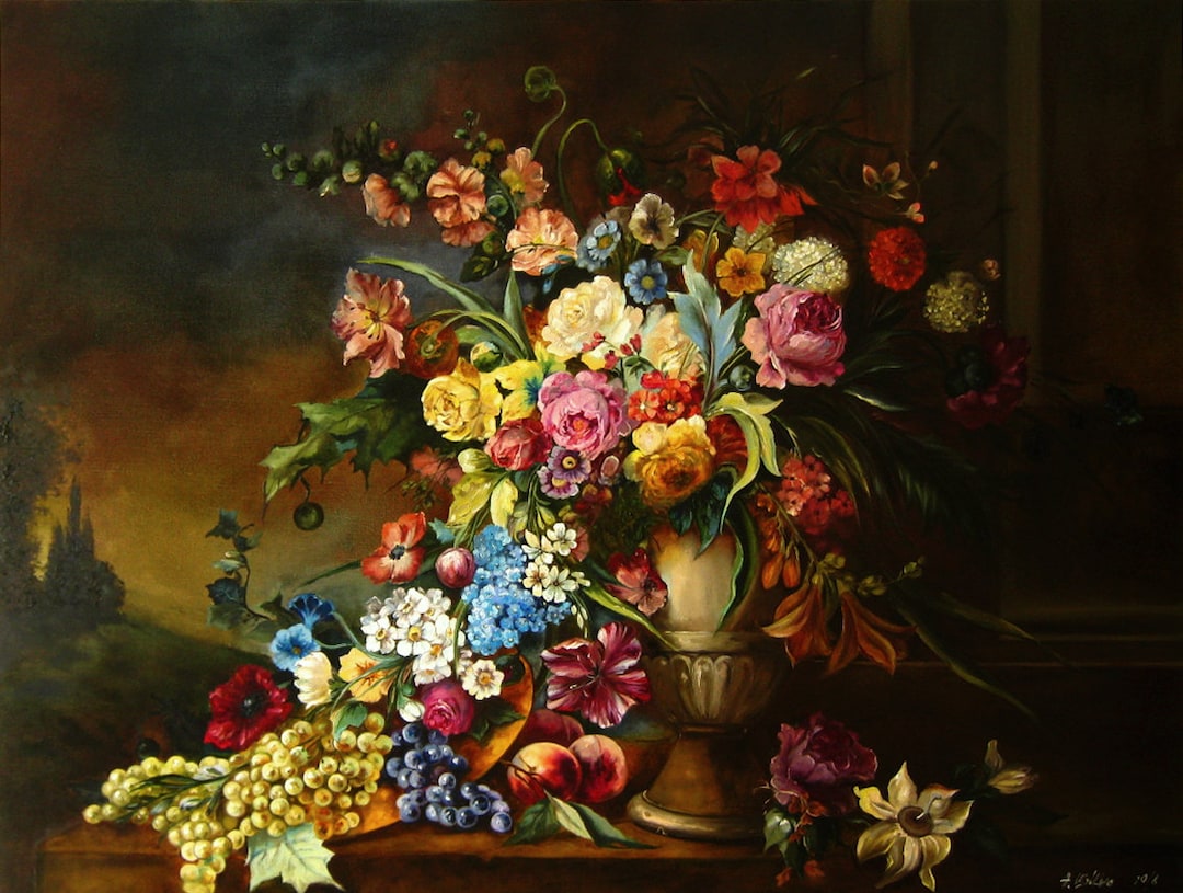 売れ筋がひ！ Oil Art Wall Original PAINTING FLORAL LARGE on Dark Canvas 洋書