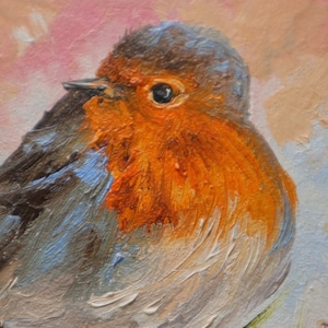 Tiny painting of bird, Robin birds original art, Oil paintings miniature, one of a kind, Small artwork in gold frame, Gift for bird lovers image 12