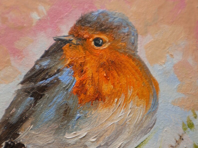 Tiny painting of bird, Robin birds original art, Oil paintings miniature, one of a kind, Small artwork in gold frame, Gift for bird lovers image 12