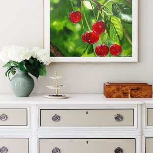 Cherry Tree Painting, Cherry Colors, Fruit Fine Art, Red Cherries, Garden Original Art Paintings Nature Wall Art, Realistic Artwork, Green image 7