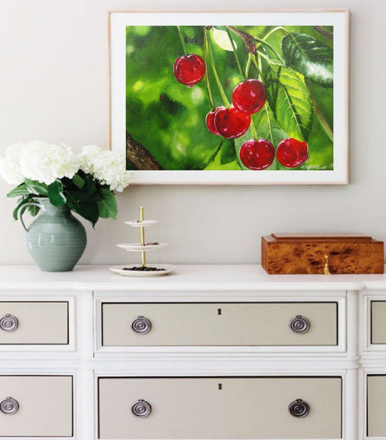 Cherry Tree Painting, Cherry Colors, Fruit Fine Art, Red Cherries, Garden Original Art Paintings Nature Wall Art, Realistic Artwork, Green image 7