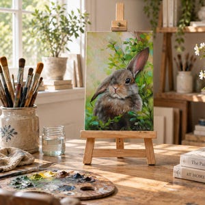 May include: A vertical rectangular canvas painting of a brown rabbit with one upright ear and one floppy ear, surrounded by green foliage, displayed on a small wooden easel. The painting features a signature in the bottom right corner.