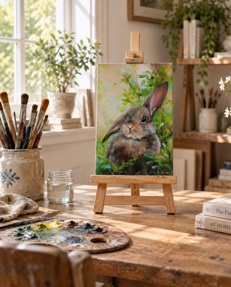 May include: A vertical rectangular canvas painting of a brown rabbit with one upright ear and one floppy ear, surrounded by green foliage, displayed on a small wooden easel. The painting features a signature in the bottom right corner.