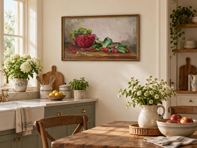 May include: A rectangular framed oil painting depicting a still life of a glass bowl filled with bright red raspberries and green leaves resting on a dark wooden table against a neutral gray background, displayed on a light-colored kitchen wall.