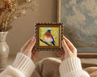 Original Bluebird Oil Painting, Small Bird Art, Gold Framed Nature