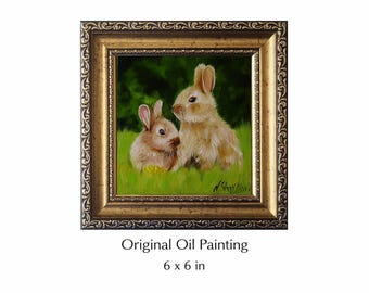 Original Oil Painting of Two Rabbits, Cozy Animal Art, Small Framed Canvas Home Decor