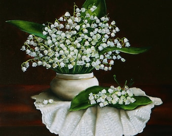 Lily of the Valley Oil Painting Original: Floral Still Life, Delicate Flower Bouquet Canvas Art