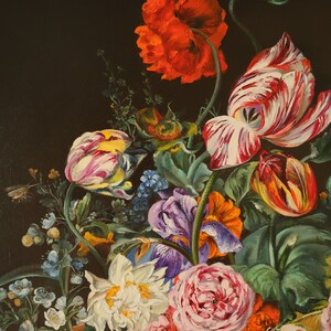 May include: A vibrant floral still life painting featuring a variety of flowers against a dark background. The bouquet includes red poppies, striped tulips, irises, and roses in shades of pink, white, and purple. The artwork showcases detailed brushstrokes.
