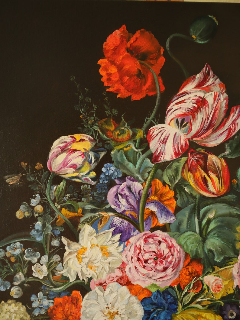 May include: A vibrant floral still life painting featuring a variety of flowers against a dark background. The bouquet includes red poppies, striped tulips, irises, and roses in shades of pink, white, and purple. The artwork showcases detailed brushstrokes.