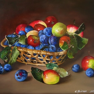 Original Oil Painting: Fruit Still Life, Basket of Apples and Plums