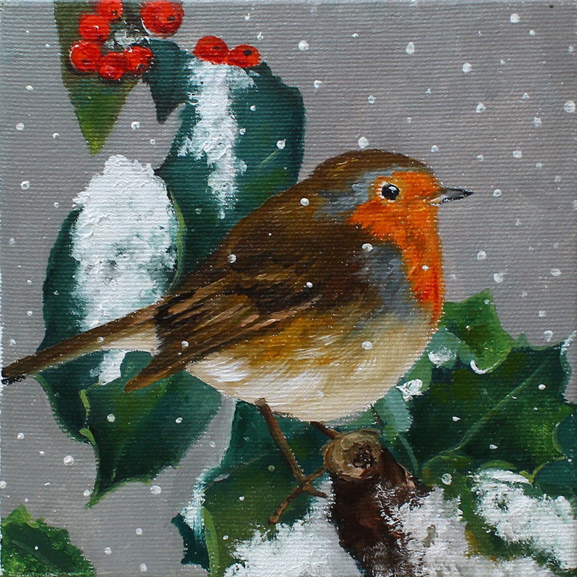 Christmas Bird Paintings Robin Red Bird Oil Painting Original | Etsy