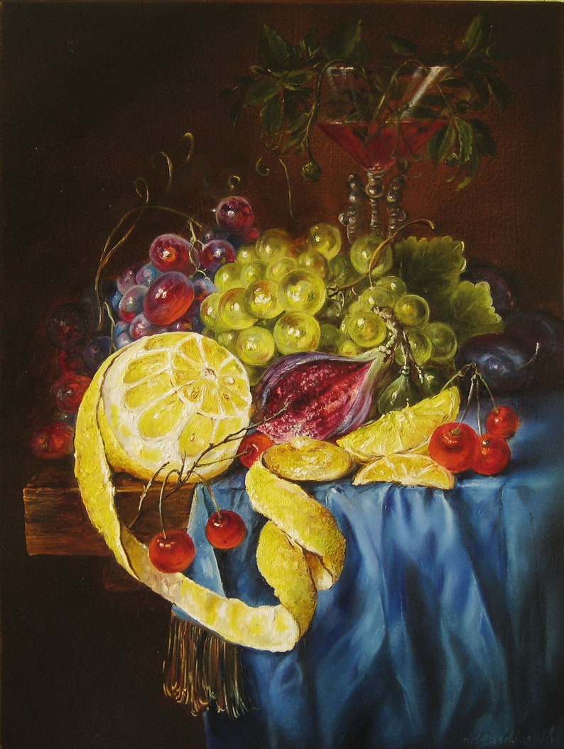 Still Life Kitchen Wall Decor Framed Picture Grapes and Apples Wine /& Fruit