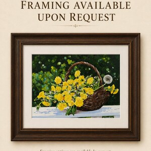 May include: Framed artwork featuring a woven basket overflowing with bright yellow dandelions. The painting is set against a green background and a white fence. The artwork is framed in a dark brown wooden frame.