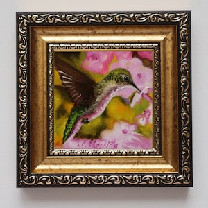 Hummingbird Oil Painting, Original Mini 4x4 in, Framed Bird Art, Nature Wall Decor