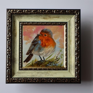 Tiny painting of bird, Robin birds original art, Oil paintings miniature, one of a kind, Small artwork in gold frame, Gift for bird lovers image 9