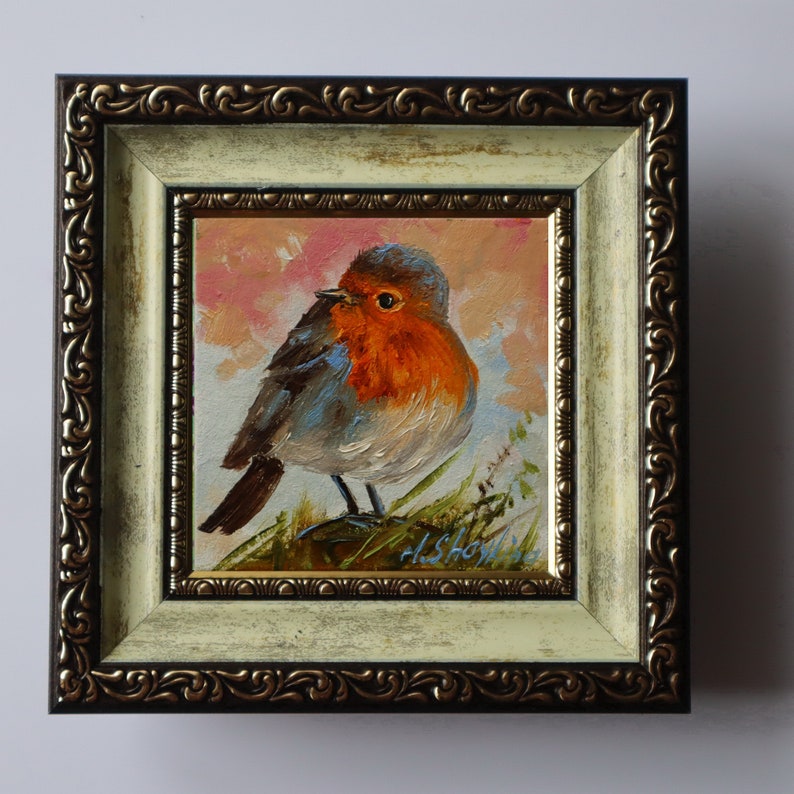 Tiny painting of bird, Robin birds original art, Oil paintings miniature, one of a kind, Small artwork in gold frame, Gift for bird lovers image 9