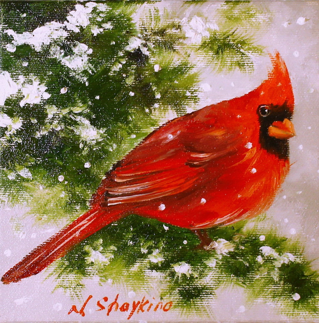 Original Oil Painting Red Cardinal Canvas Art, Small Artwork, Winter