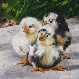 Baby Chicks Oil Painting: Realistic Farm Animal Art, Rustic Nursery Decor