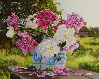 Hand-Painted Peony Painting, Pink Peonies Original Art Oil on Canvas, Romantic Floral Still Life, Garden Flowers Painting, Dining Room Art