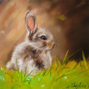 Original Oil Painting Rabbit in Grass, Impressionist Animal Artwork, Nursery Wall Decor imagem 1
