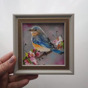 Framed Bluebird Oil Painting: Miniature Impressionist Art (4x4)