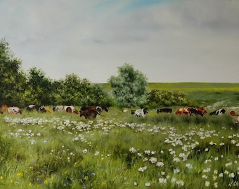 Countryside Cow Painting, Pastoral Farm Landscape, Rustic Rural Wall Decor, Original Oil on Canvas