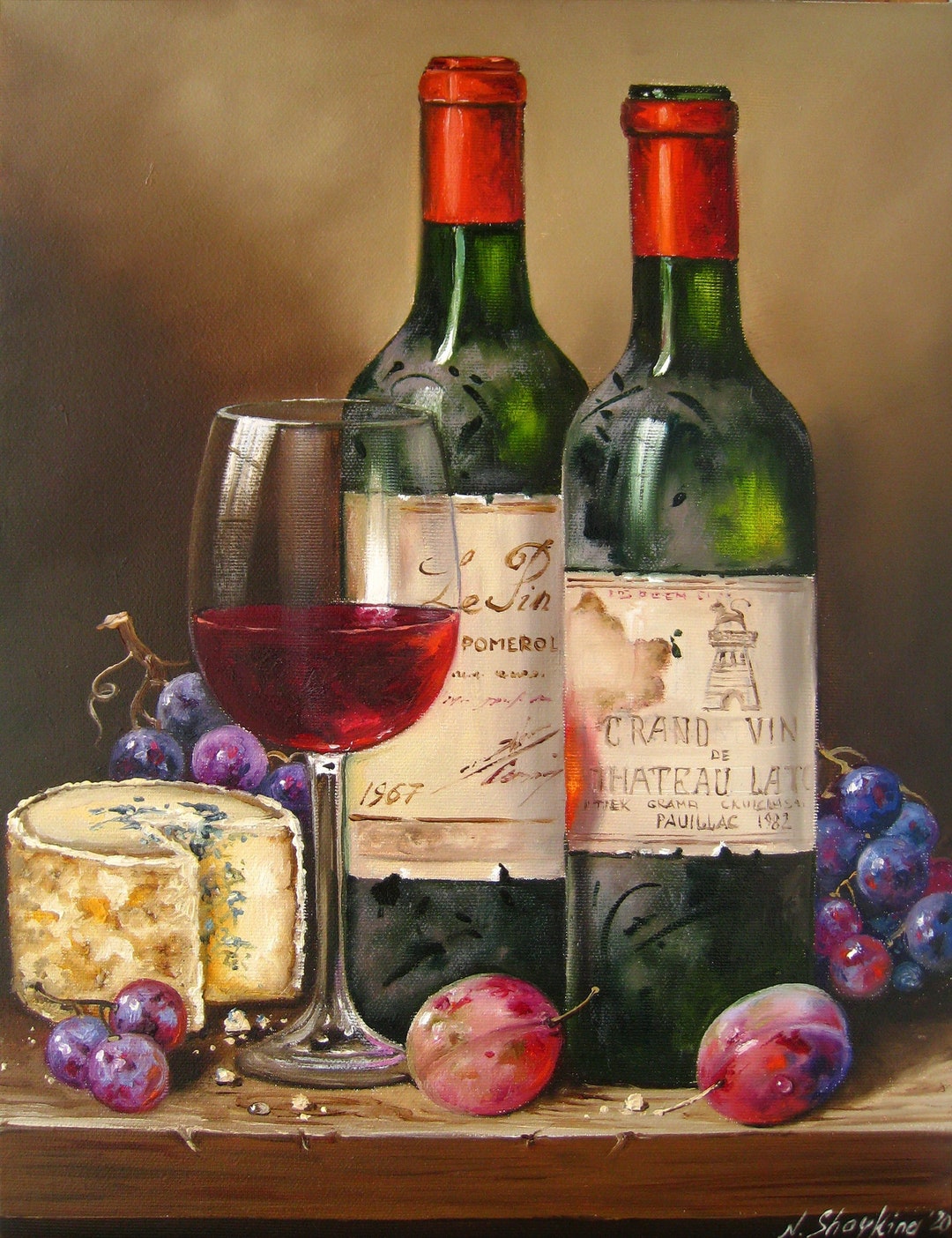Original Oil Painting Wine and Fruit Still Life on Canvas: Bar Wall Art ...