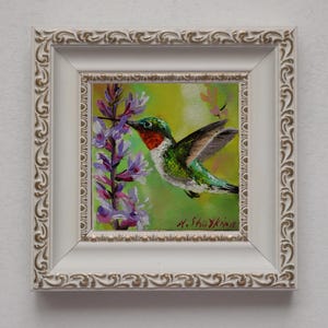 Original Hummingbird Painting 4x4 Small framed art, Hummingbird art, Tiny framed art, Valentines day gift, Beautiful Bird wall art decor