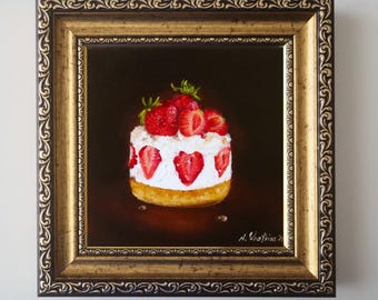 Strawberry Cream Cake Original Oil Painting Art, Hand-Painted Canvas Fruit Dessert, Cozy Kitchen